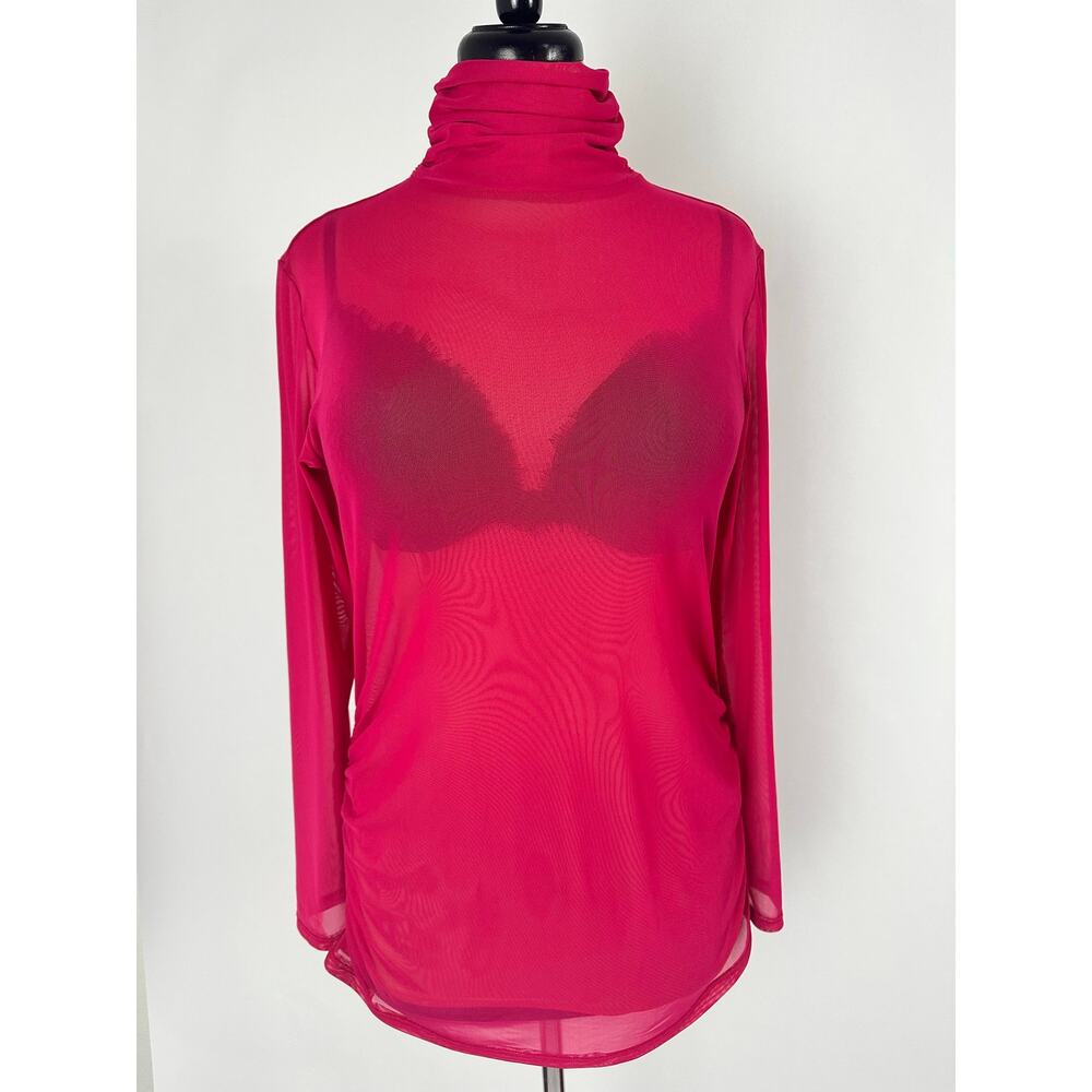 Isle by Melis Kozan Sheer Mesh Hot Pink Turtleneck Top Cotton Blend Dopamine M